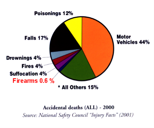 Pie chart of accidental deaths in 2000 — firearms 0.6% (National Safety Council Injury Facts 2001)
