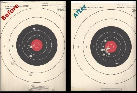 Before-and-after targets from two Handgun Skills Clinic students: scattered hits at the start, tight groups after three hours