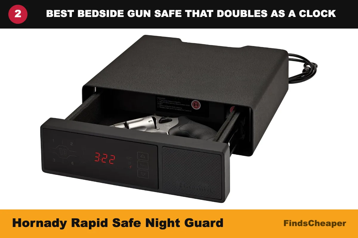 Hornady Rapid Safe Night Guard RFID bedside gun safe that looks like a nightstand clock with USB ports