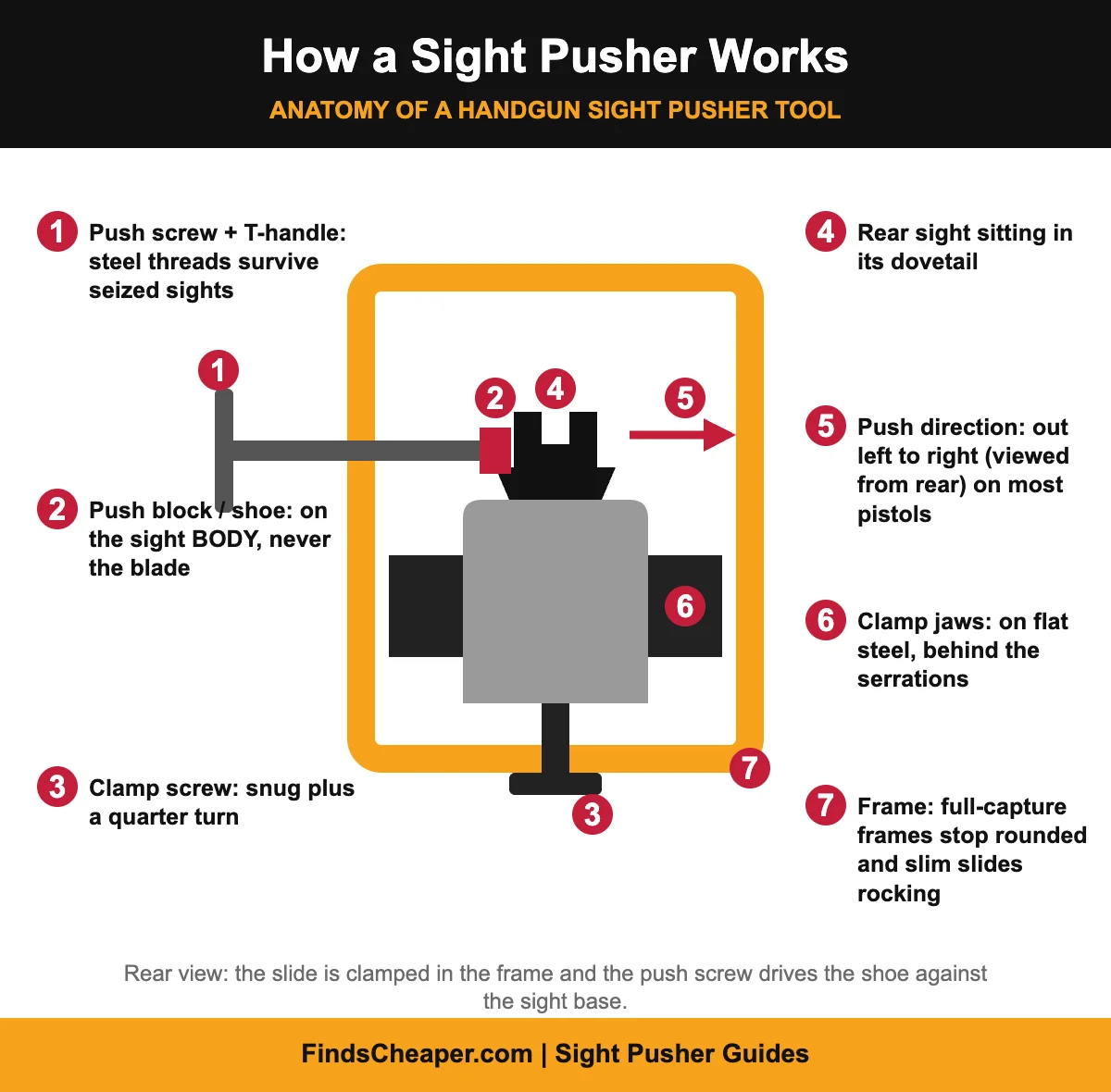 Diagram of how a sight pusher works: frame, clamp jaws, push screw and shoe pressing a rear sight sideways out of the dovetail