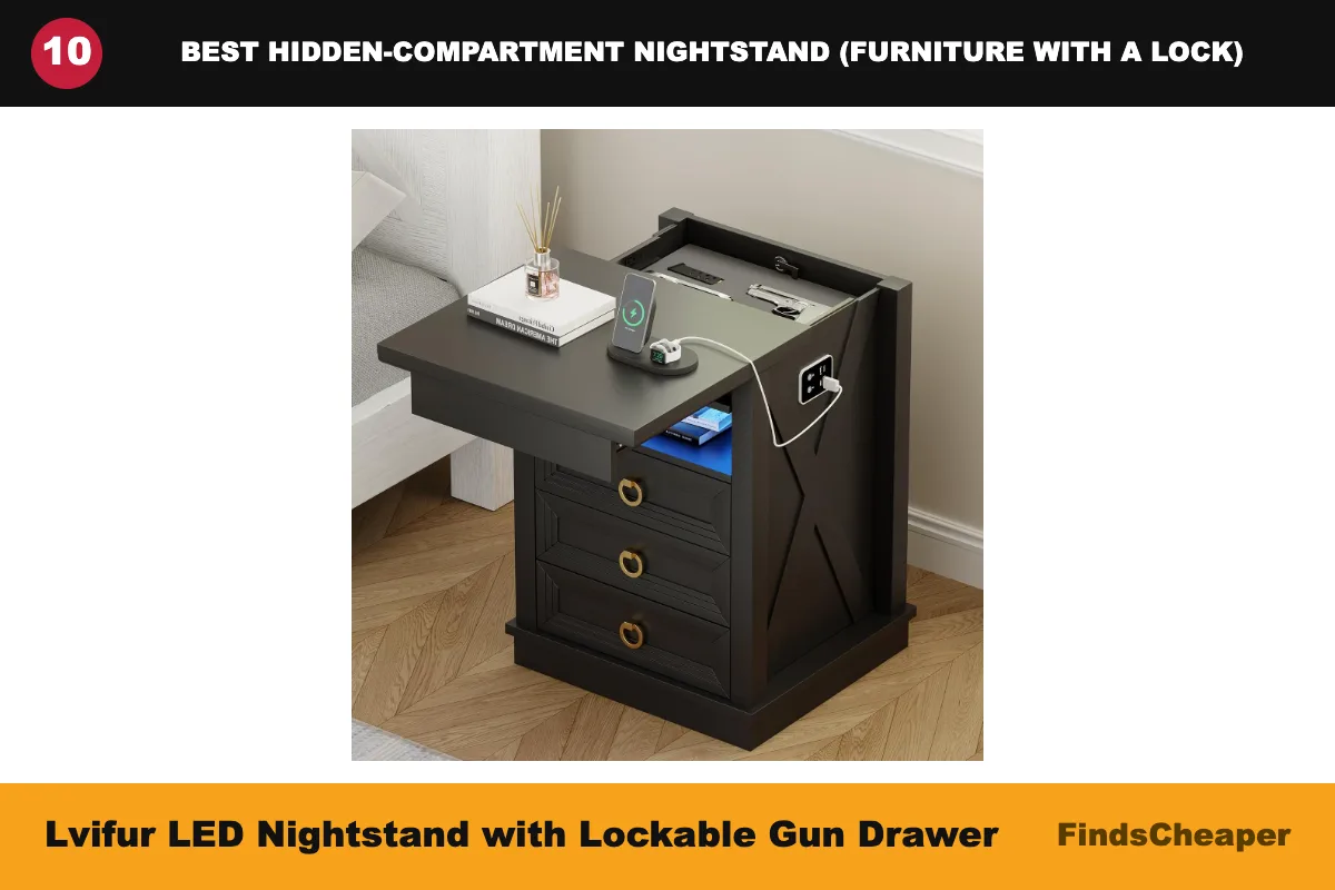 Lvifur LED nightstand with lockable hidden gun drawer, concealment nightstand gun safe with USB-C charging