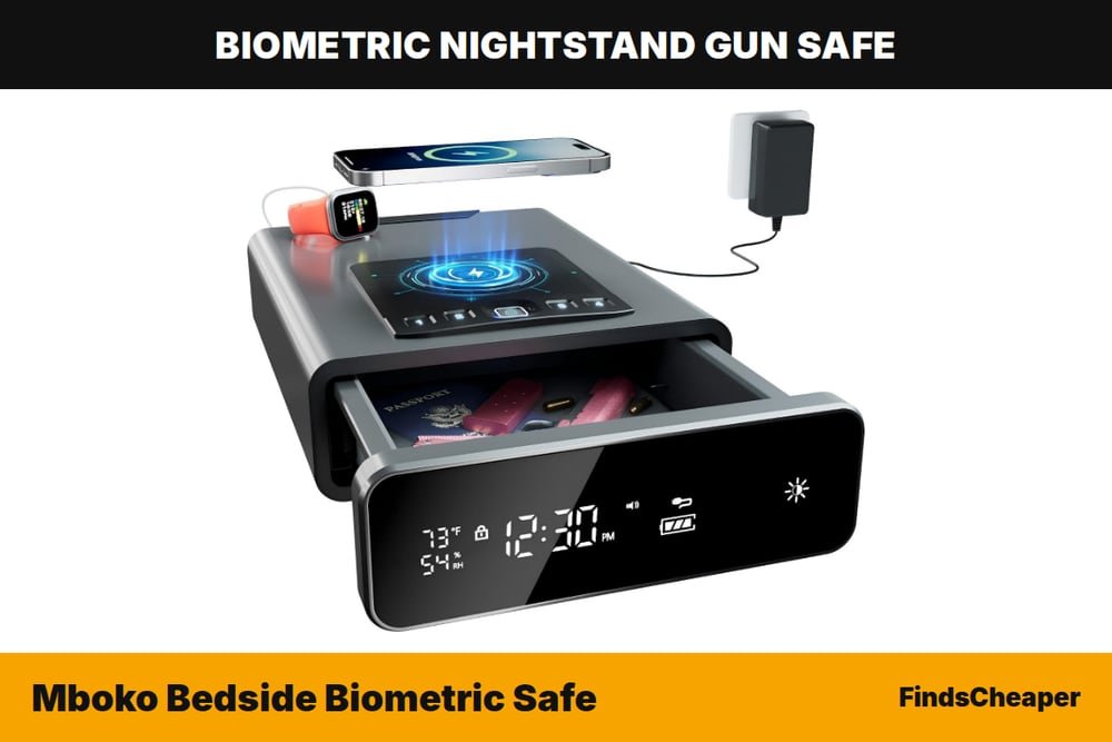 Mboko Bedside Biometric Safe biometric nightstand gun safe