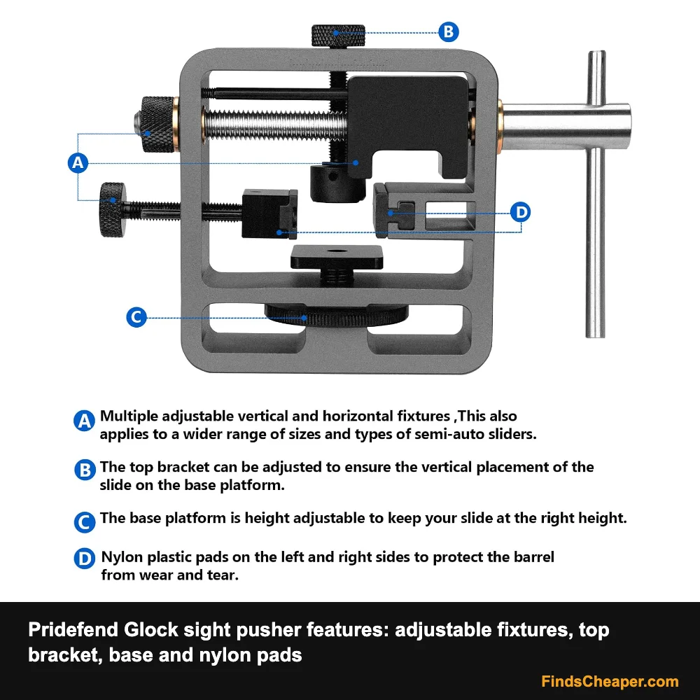 Pridefend Glock sight pusher features: adjustable fixtures, top bracket, base and nylon pads