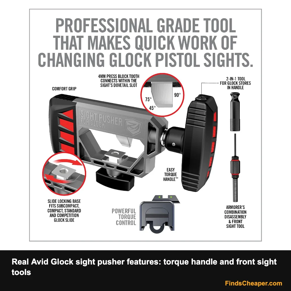 Real Avid Glock sight pusher features: torque handle and front sight tools