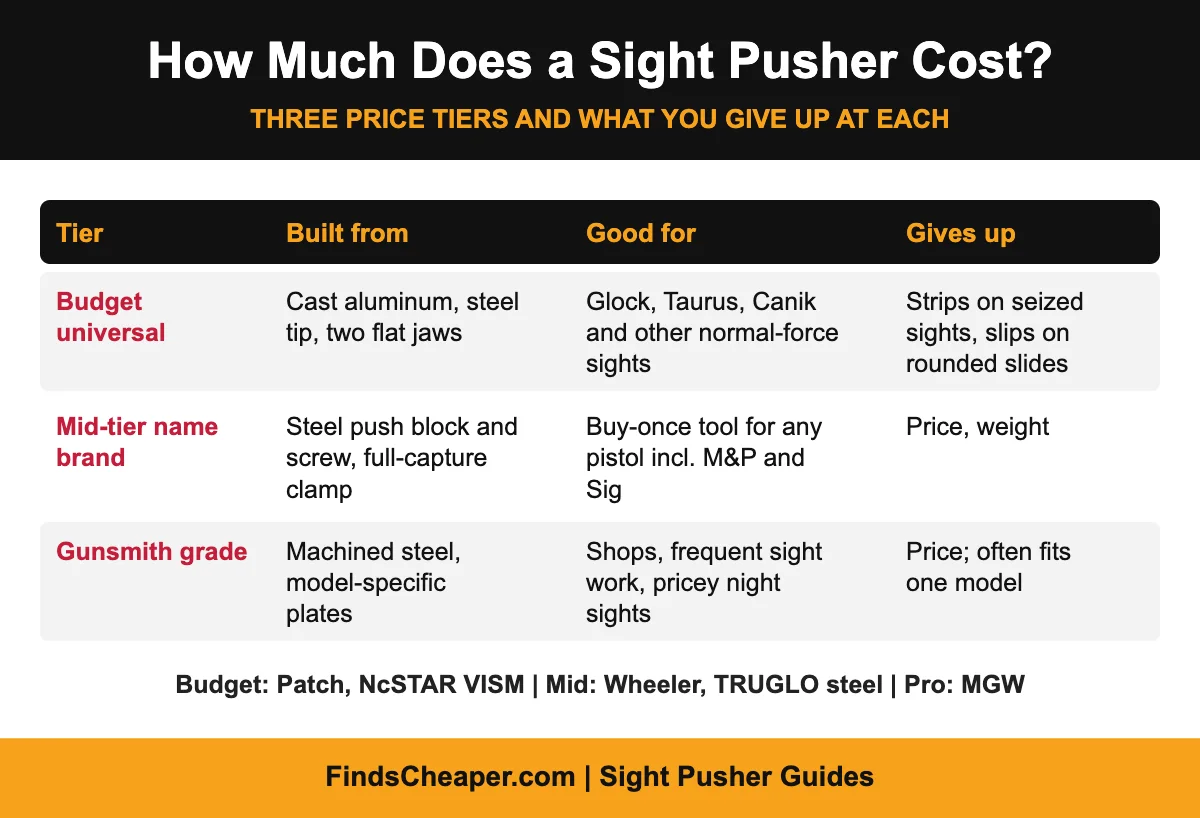 Sight pusher cost infographic comparing budget, mid-tier and gunsmith-grade sight pusher tools
