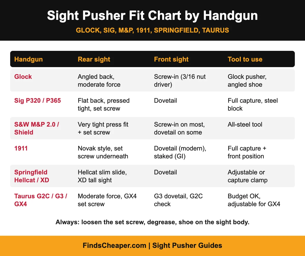 Sight pusher fit chart by handgun: Glock, Sig P320, M&P Shield, 1911, Springfield Hellcat and Taurus G3 rear and front sight types