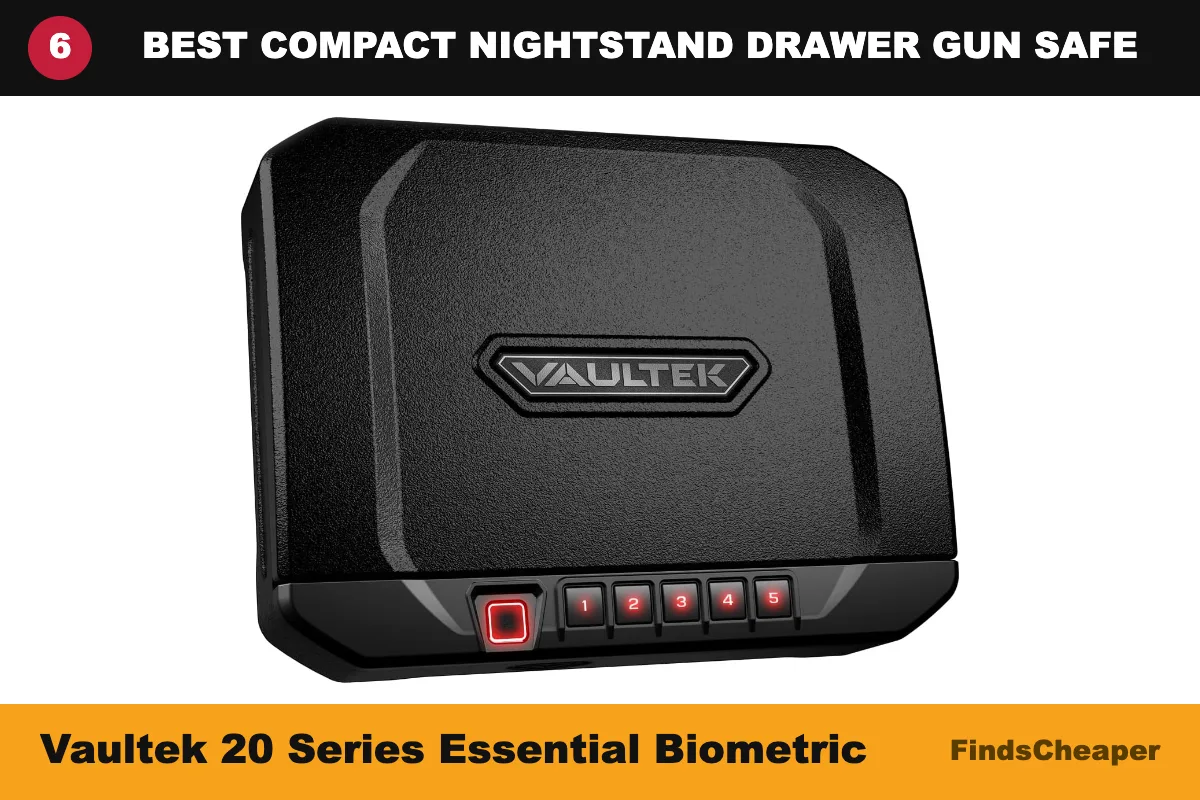 Vaultek 20 Series Essential compact biometric gun safe for a nightstand drawer, quick access fingerprint pistol safe